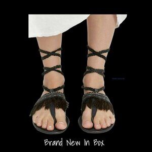 Free People Bora Bora Black Leather Gladiator Sandals Feather Tie-Up, Size 8 New